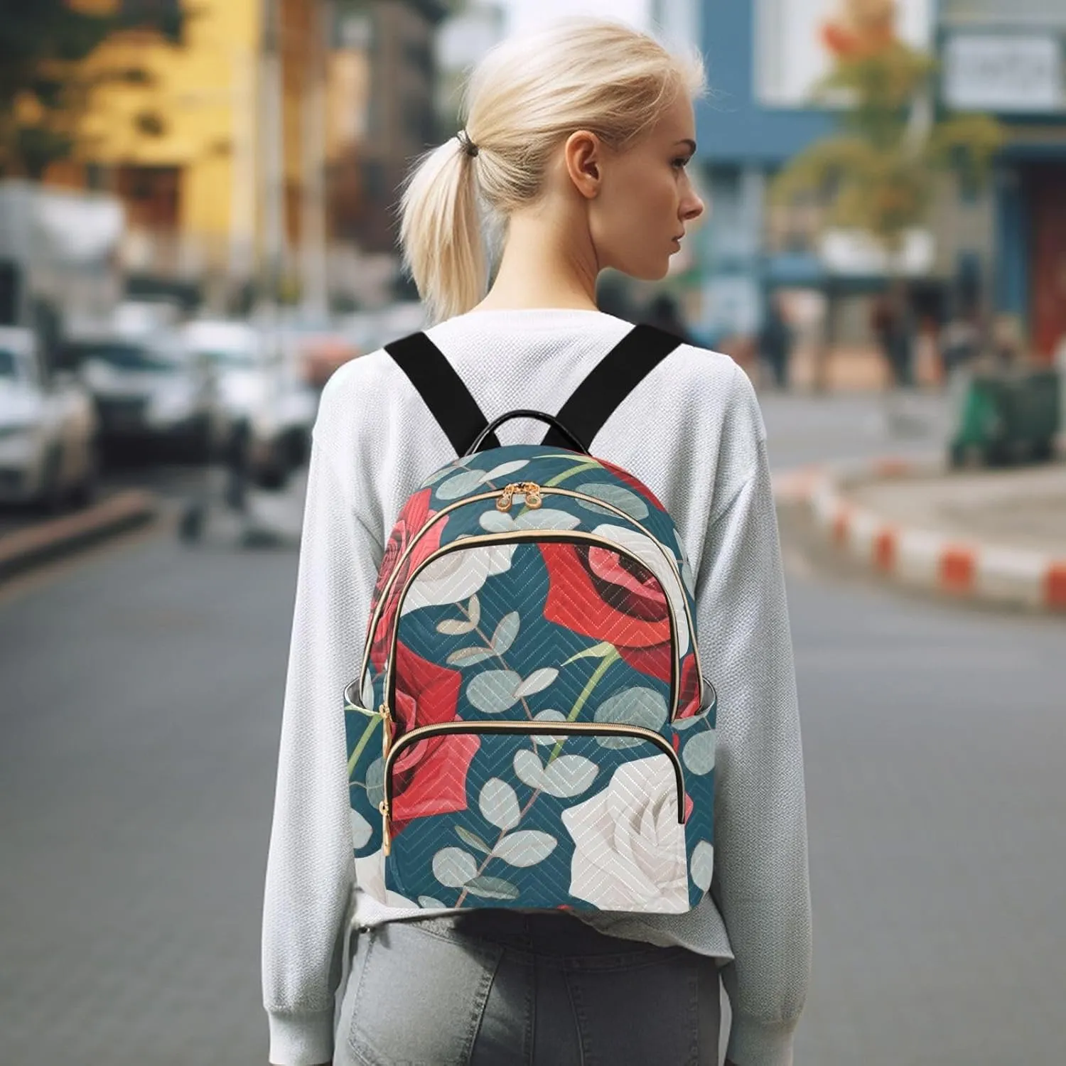 Mini Backpack Quilted Purse for Womens Small Backpack Daypack Rose Design for Travel Daily Work,Multi1