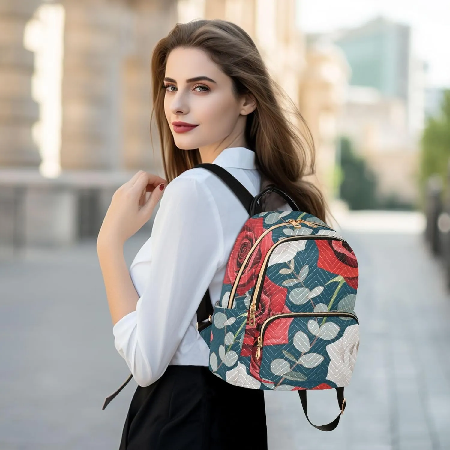 Mini Backpack Quilted Purse for Womens Small Backpack Daypack Rose Design for Travel Daily Work,Multi1