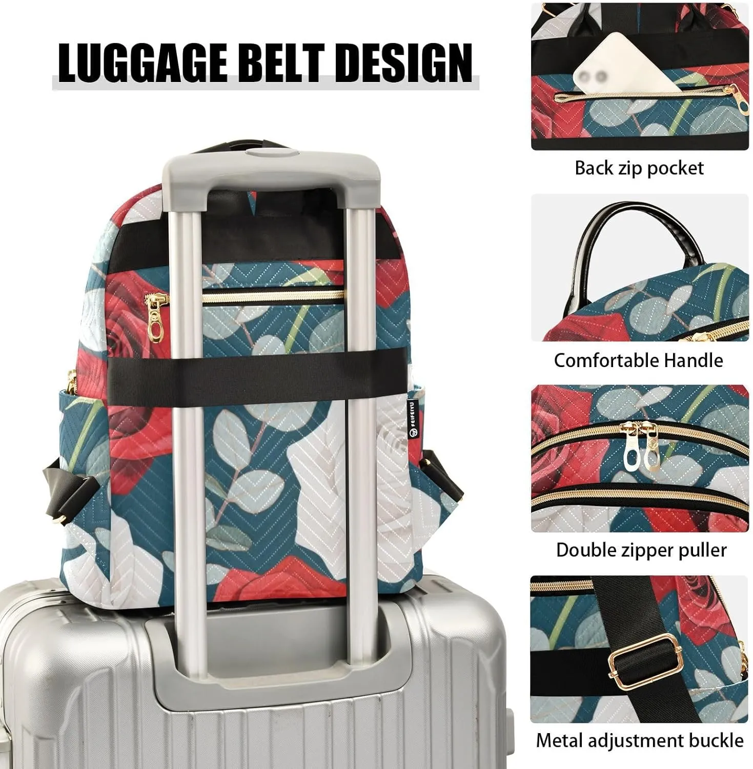 Mini Backpack Quilted Purse for Womens Small Backpack Daypack Rose Design for Travel Daily Work,Multi1