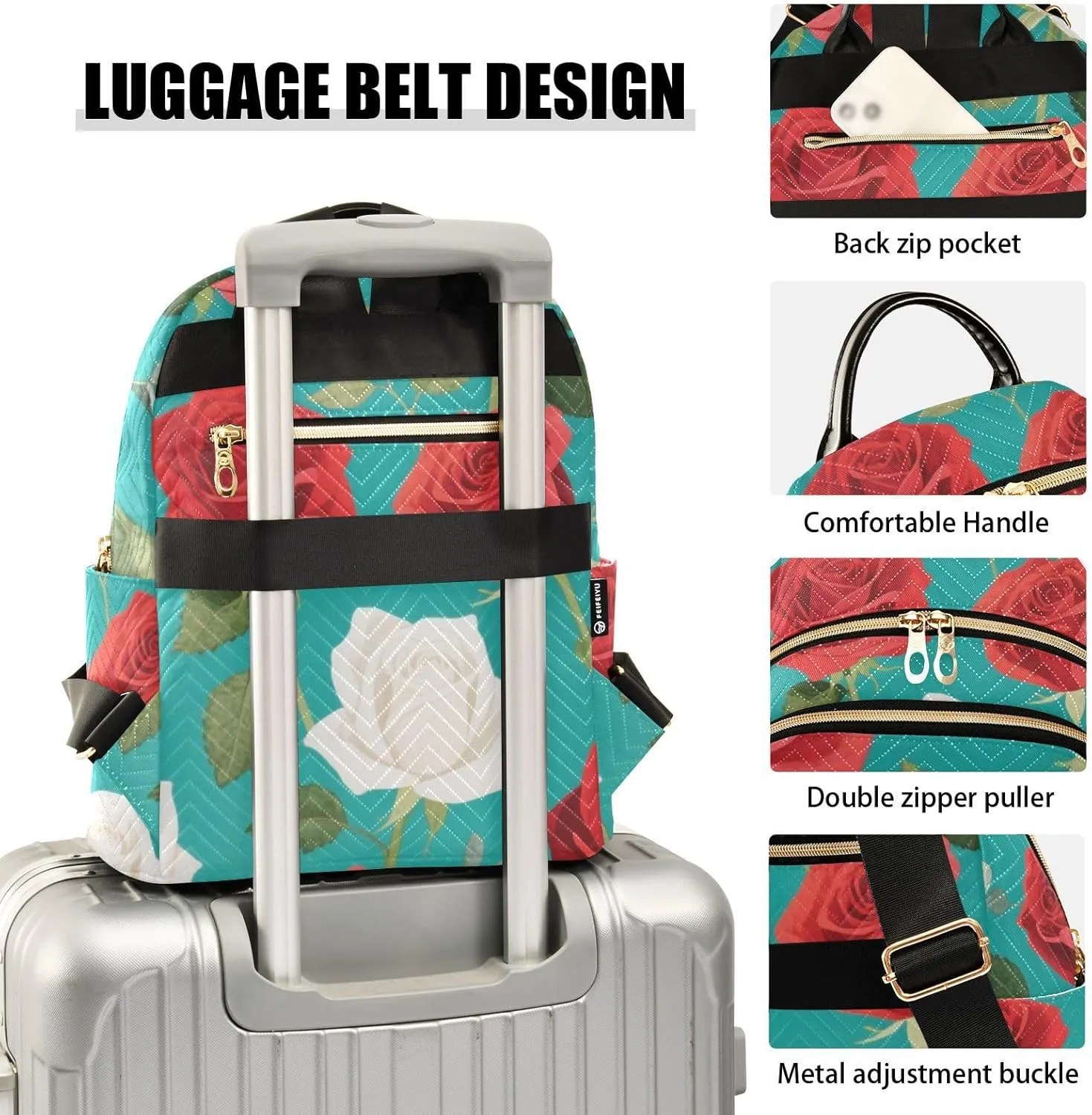 Mini Backpack Quilted Purse for Womens Small Backpack Daypack Rose Pattern for Travel Daily Camping,Multi11