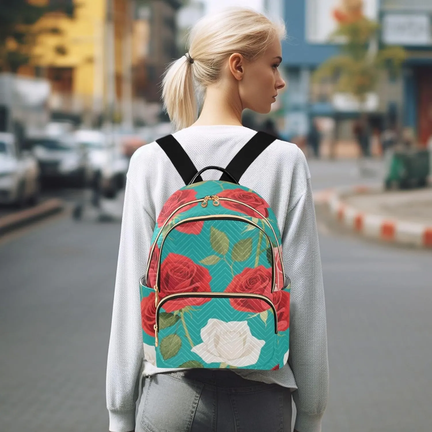 Mini Backpack Quilted Purse for Womens Small Backpack Daypack Rose Pattern for Travel Daily Camping,Multi11