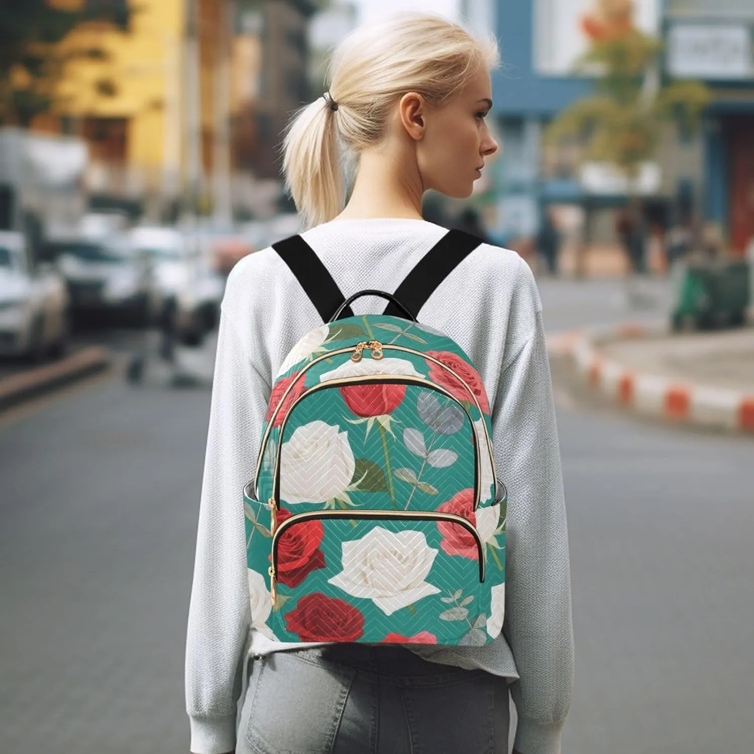 Mini Backpack Quilted Purse for Womens Small Backpack Daypack Rose Pattern for Travel Daily Camping,Multi12