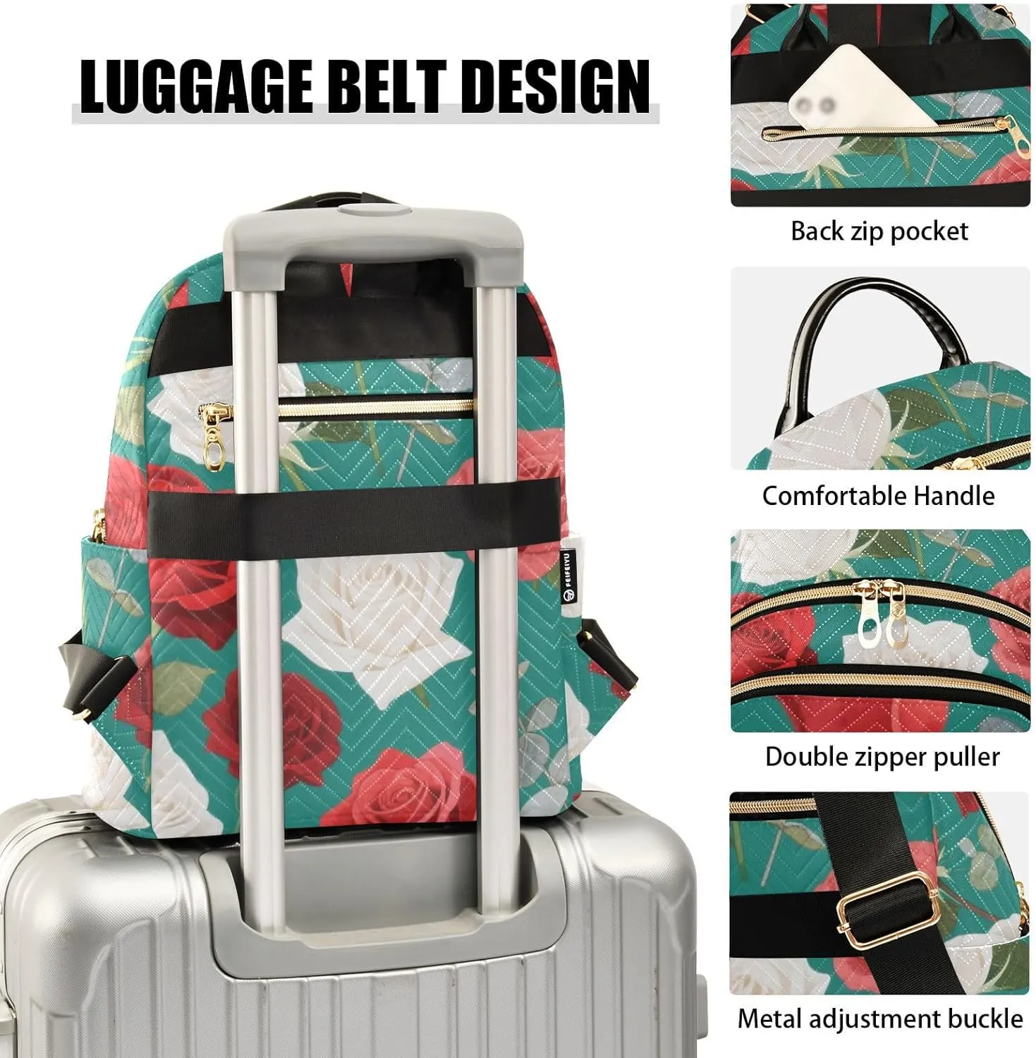 Mini Backpack Quilted Purse for Womens Small Backpack Daypack Rose Pattern for Travel Daily Camping,Multi12