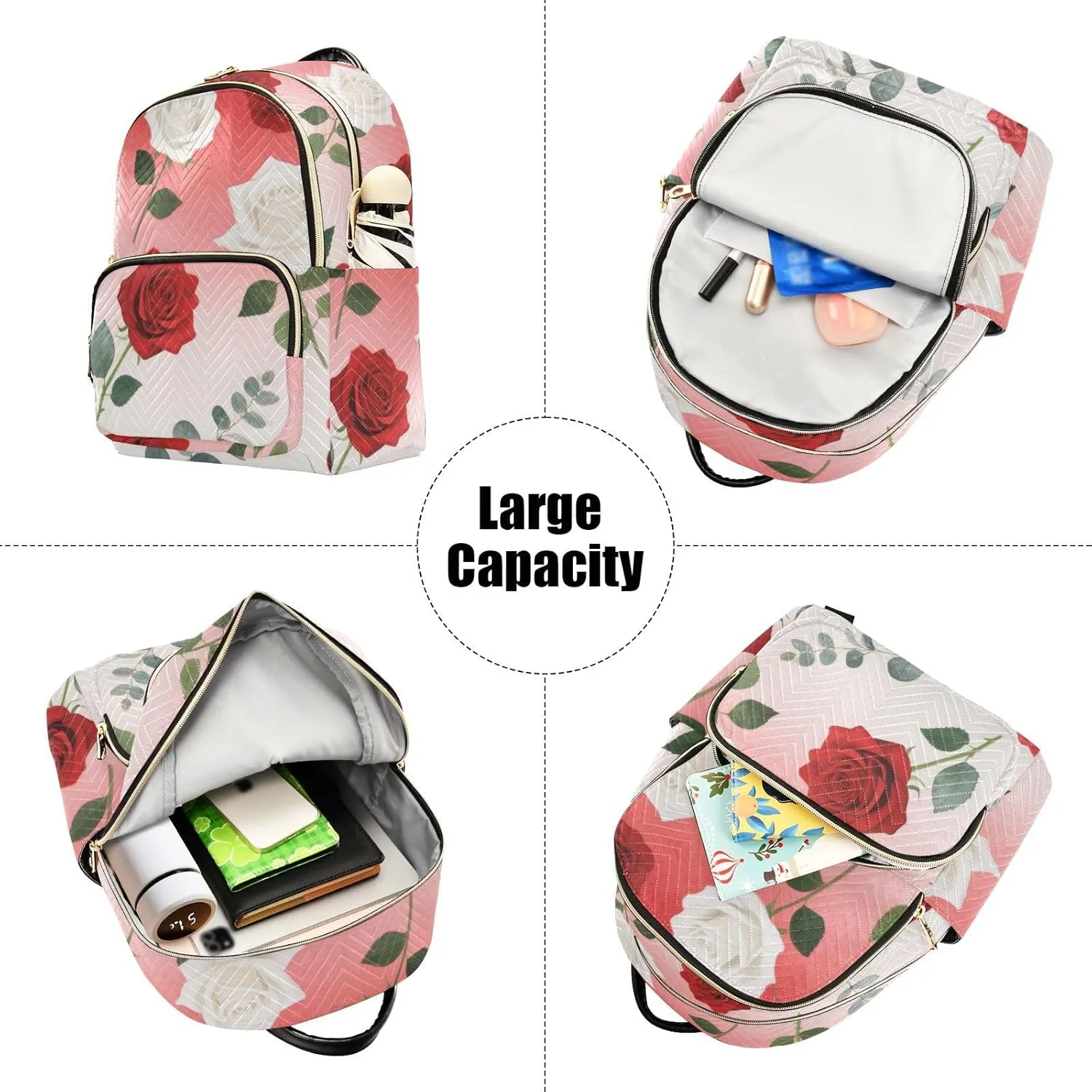Mini Backpack Quilted Purse for Womens Small Backpack Daypack Rose Pattern for Travel Daily Camping,Multi2