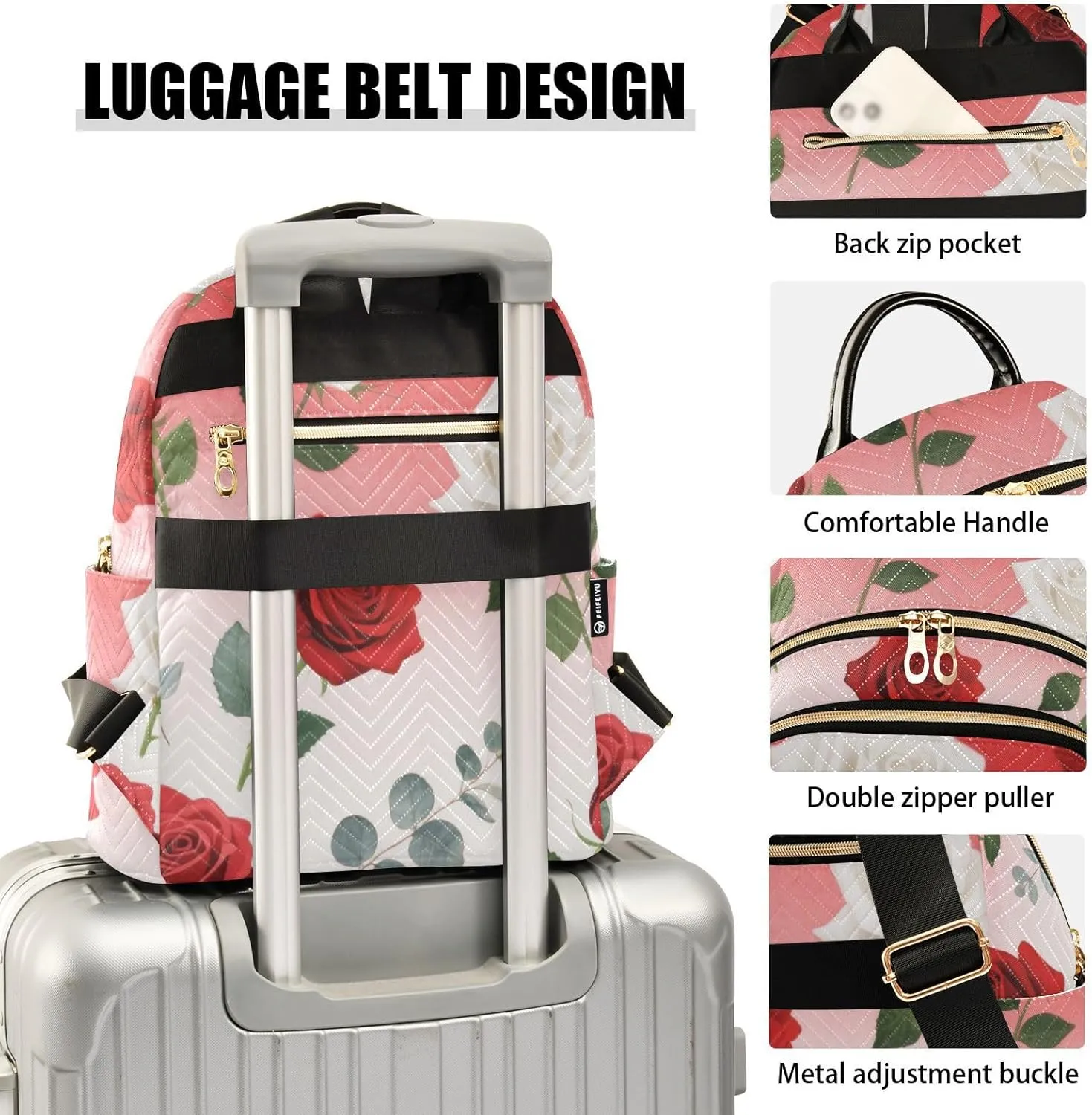 Mini Backpack Quilted Purse for Womens Small Backpack Daypack Rose Pattern for Travel Daily Camping,Multi2