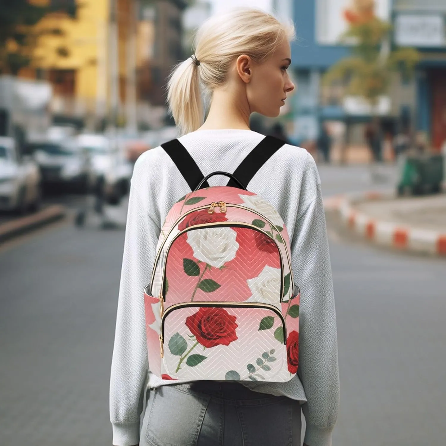 Mini Backpack Quilted Purse for Womens Small Backpack Daypack Rose Pattern for Travel Daily Camping,Multi2