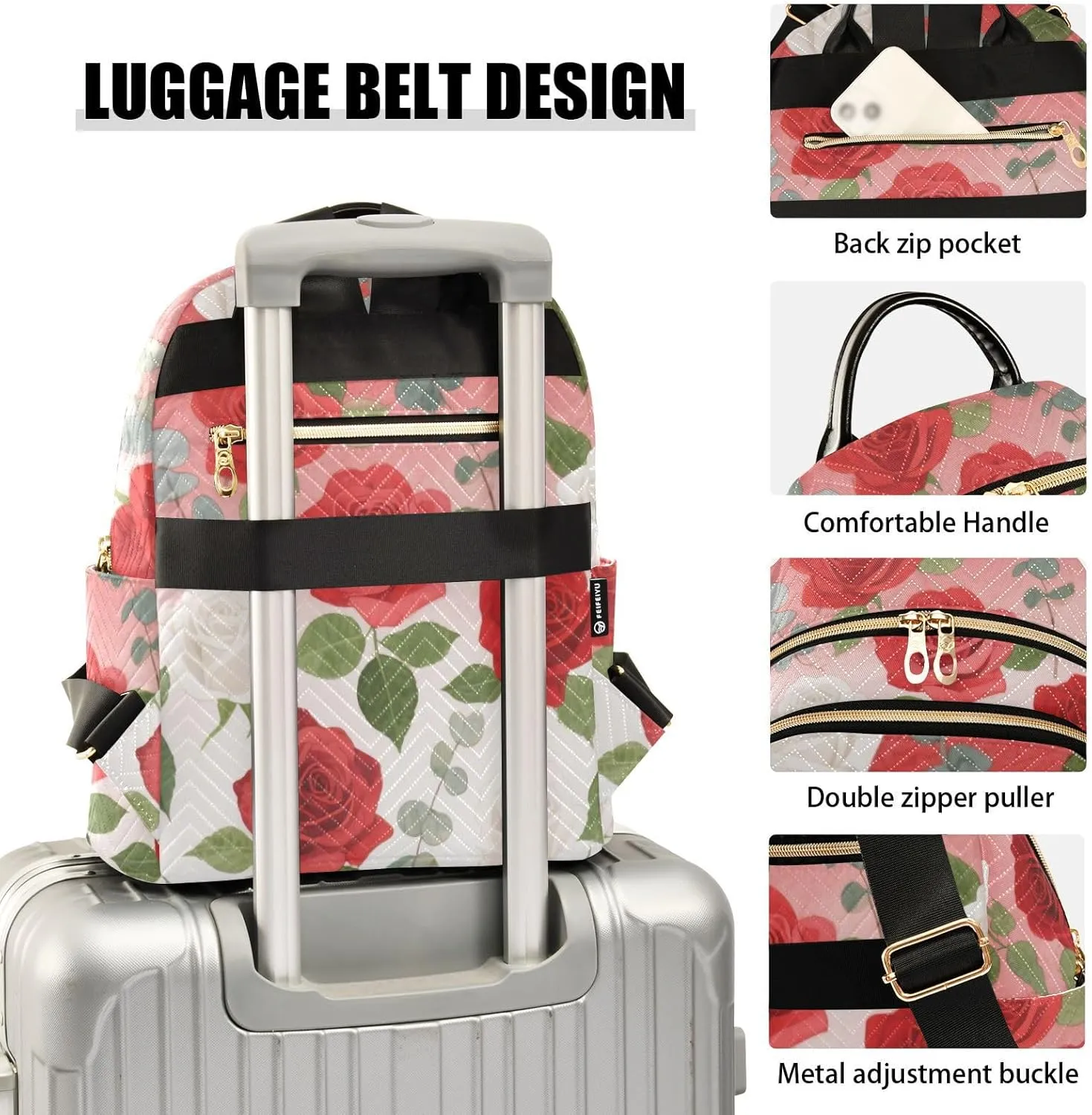 Mini Backpack Quilted Purse for Womens Small Backpack Daypack Rose Pattern for Travel Daily Office,Multi11