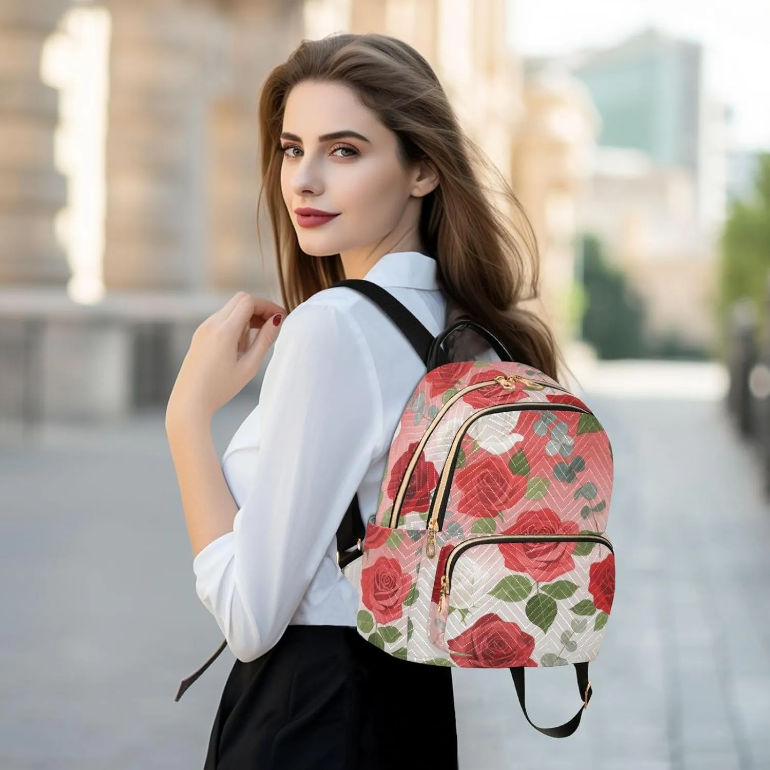 Mini Backpack Quilted Purse for Womens Small Backpack Daypack Rose Pattern for Travel Daily Office,Multi11