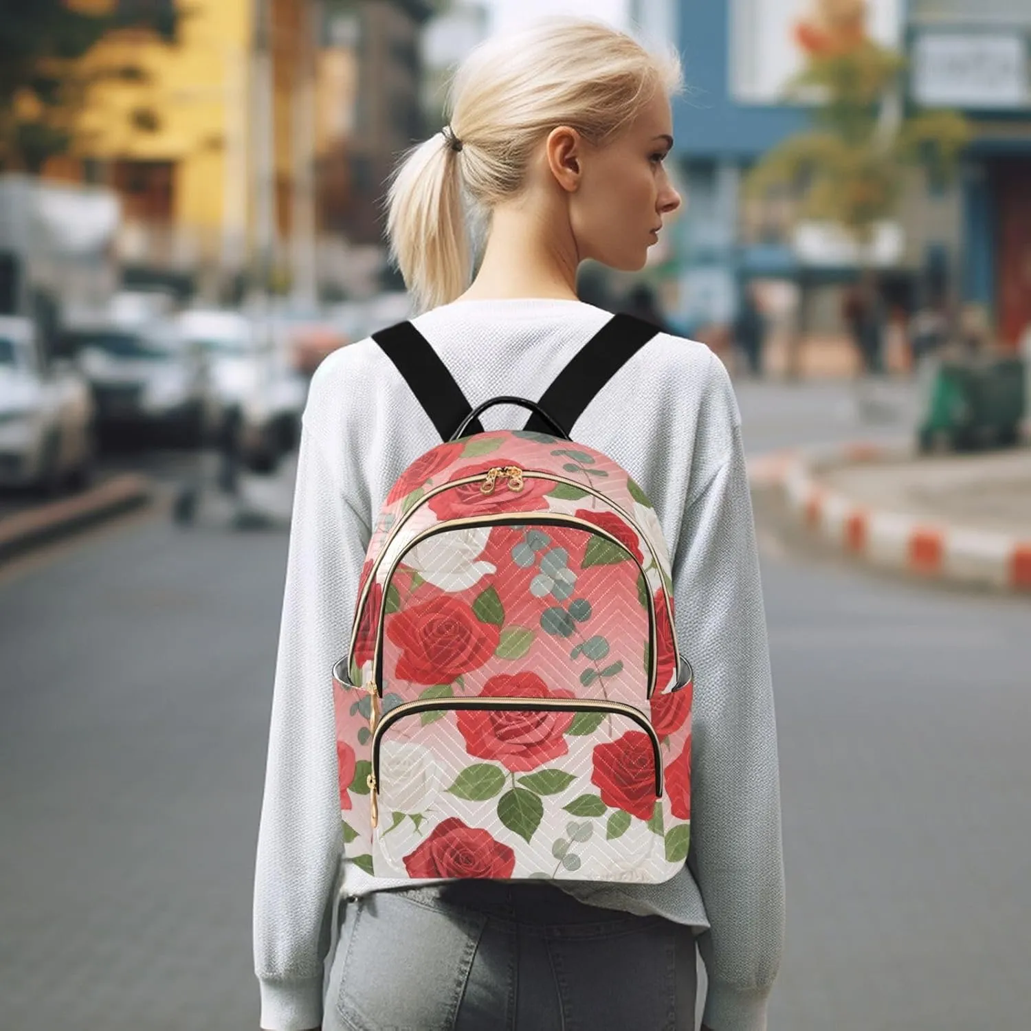 Mini Backpack Quilted Purse for Womens Small Backpack Daypack Rose Pattern for Travel Daily Office,Multi11