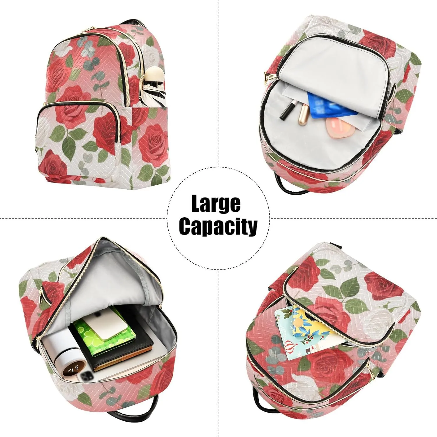 Mini Backpack Quilted Purse for Womens Small Backpack Daypack Rose Pattern for Travel Daily Office,Multi11