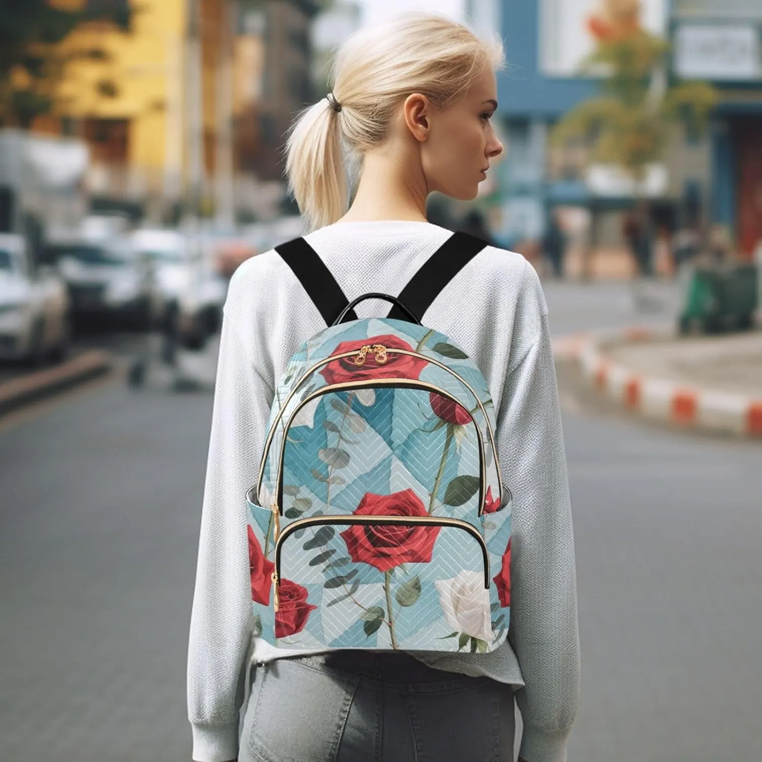 Mini Backpack Quilted Purse for Womens Small Backpack Daypack Rose Pattern for Travel Daily Work,Multi11