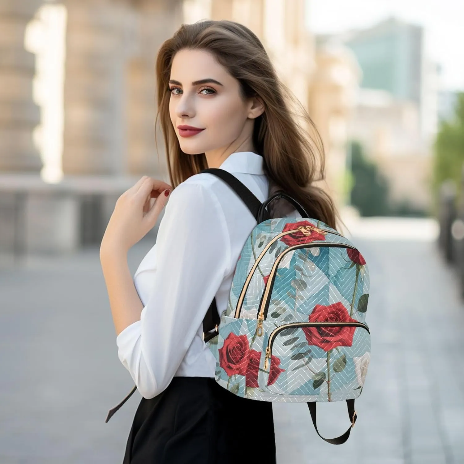 Mini Backpack Quilted Purse for Womens Small Backpack Daypack Rose Pattern for Travel Daily Work,Multi11