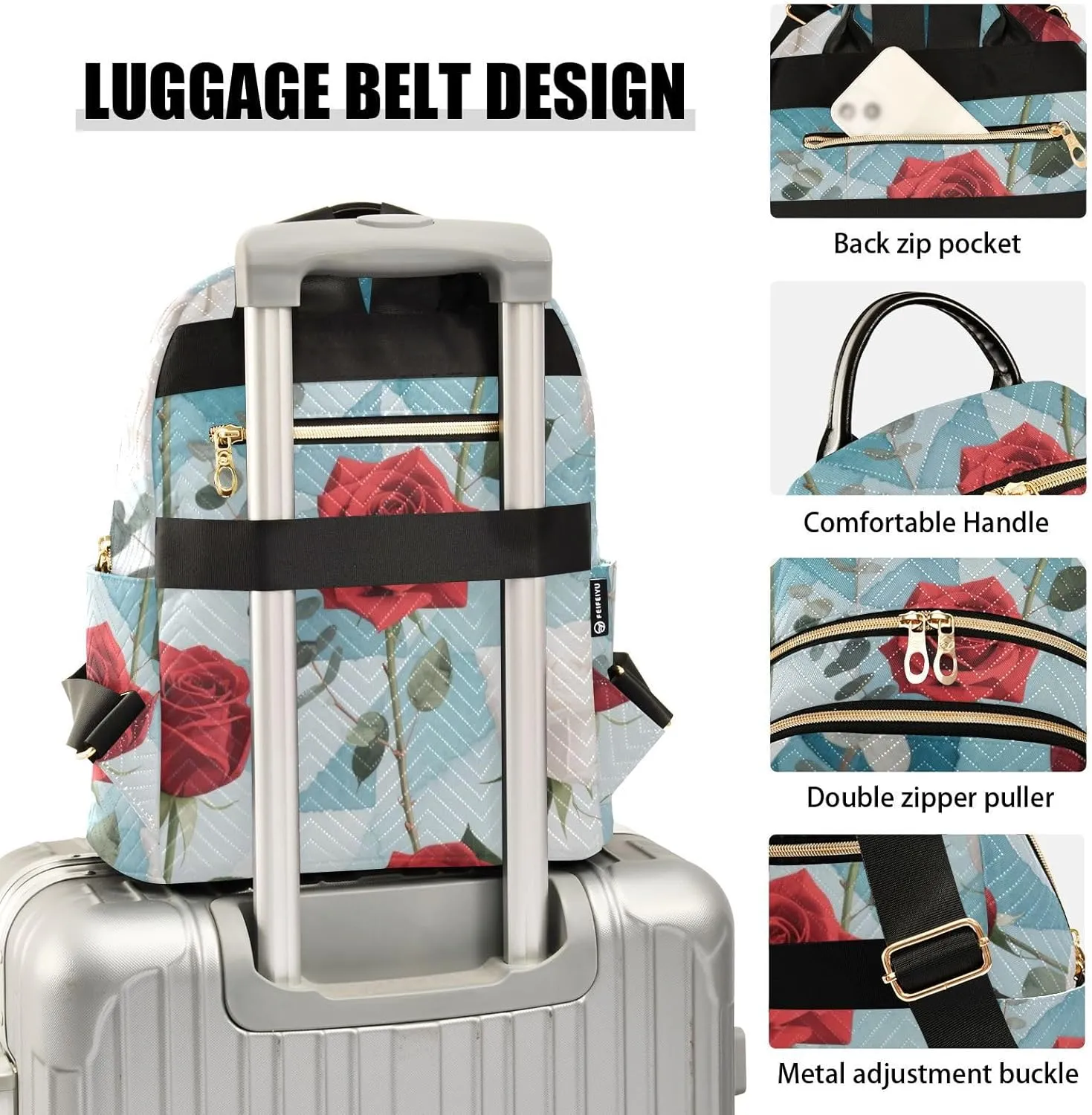 Mini Backpack Quilted Purse for Womens Small Backpack Daypack Rose Pattern for Travel Daily Work,Multi11