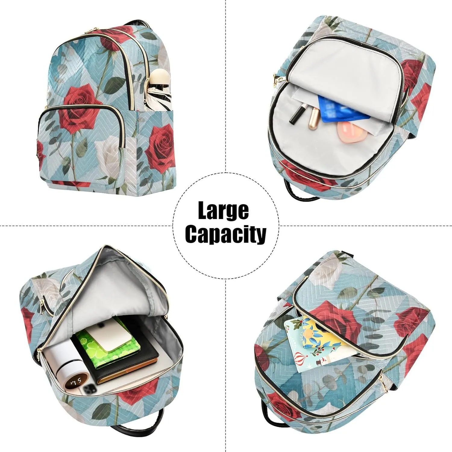 Mini Backpack Quilted Purse for Womens Small Backpack Daypack Rose Pattern for Travel Daily Work,Multi11