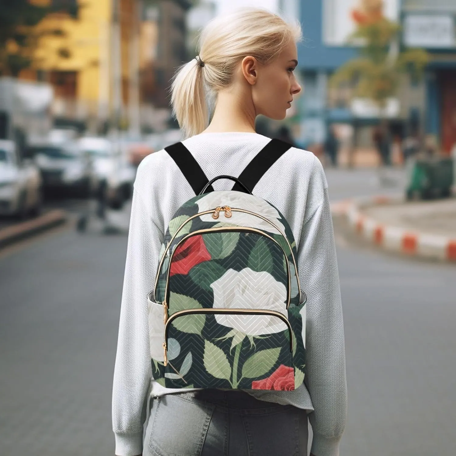 Mini Backpack Quilted Purse for Womens Small Backpack Daypack Rose Pattern for Travel Daily Work,Multi12