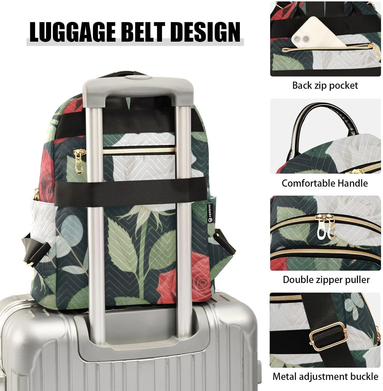 Mini Backpack Quilted Purse for Womens Small Backpack Daypack Rose Pattern for Travel Daily Work,Multi12