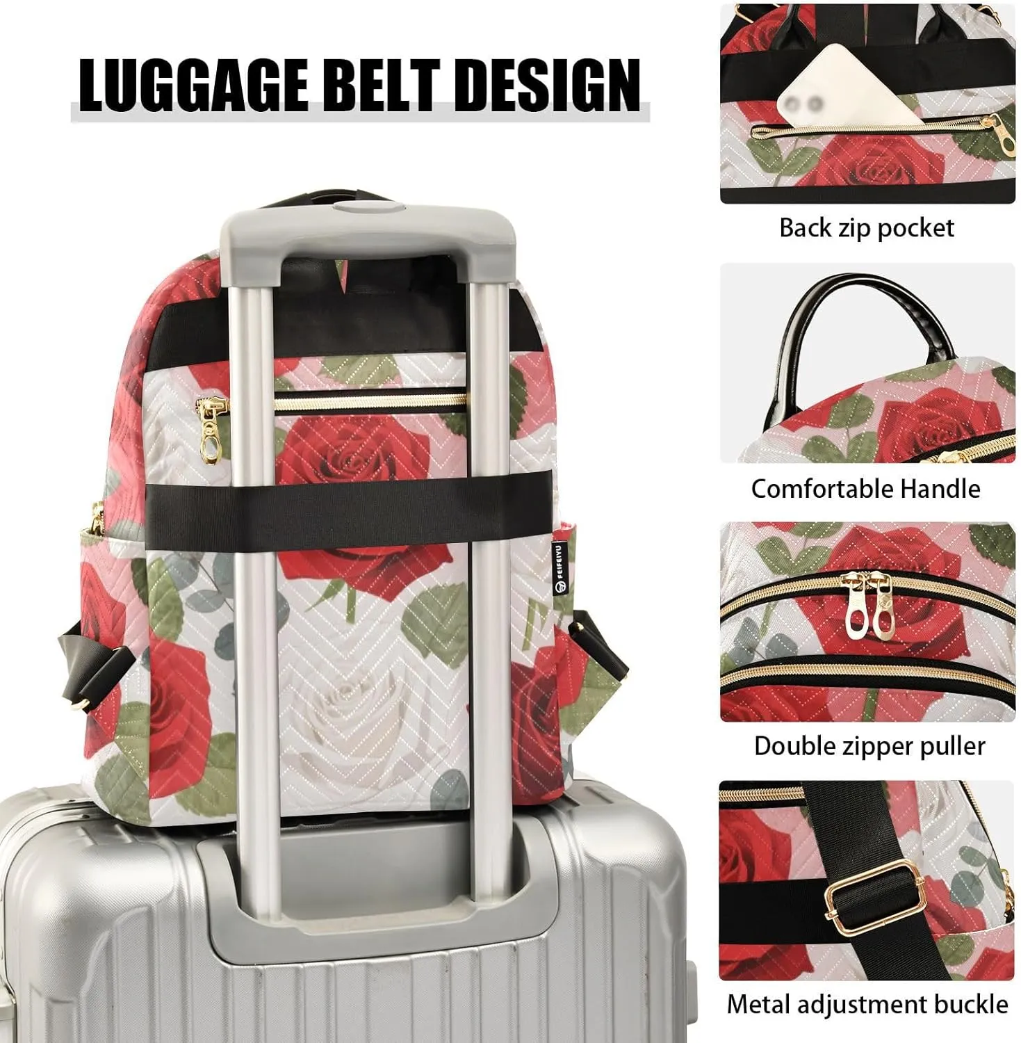 Mini Backpack Quilted Purse for Womens Small Backpack Daypack Rose Print for Travel Daily Work,Multi10