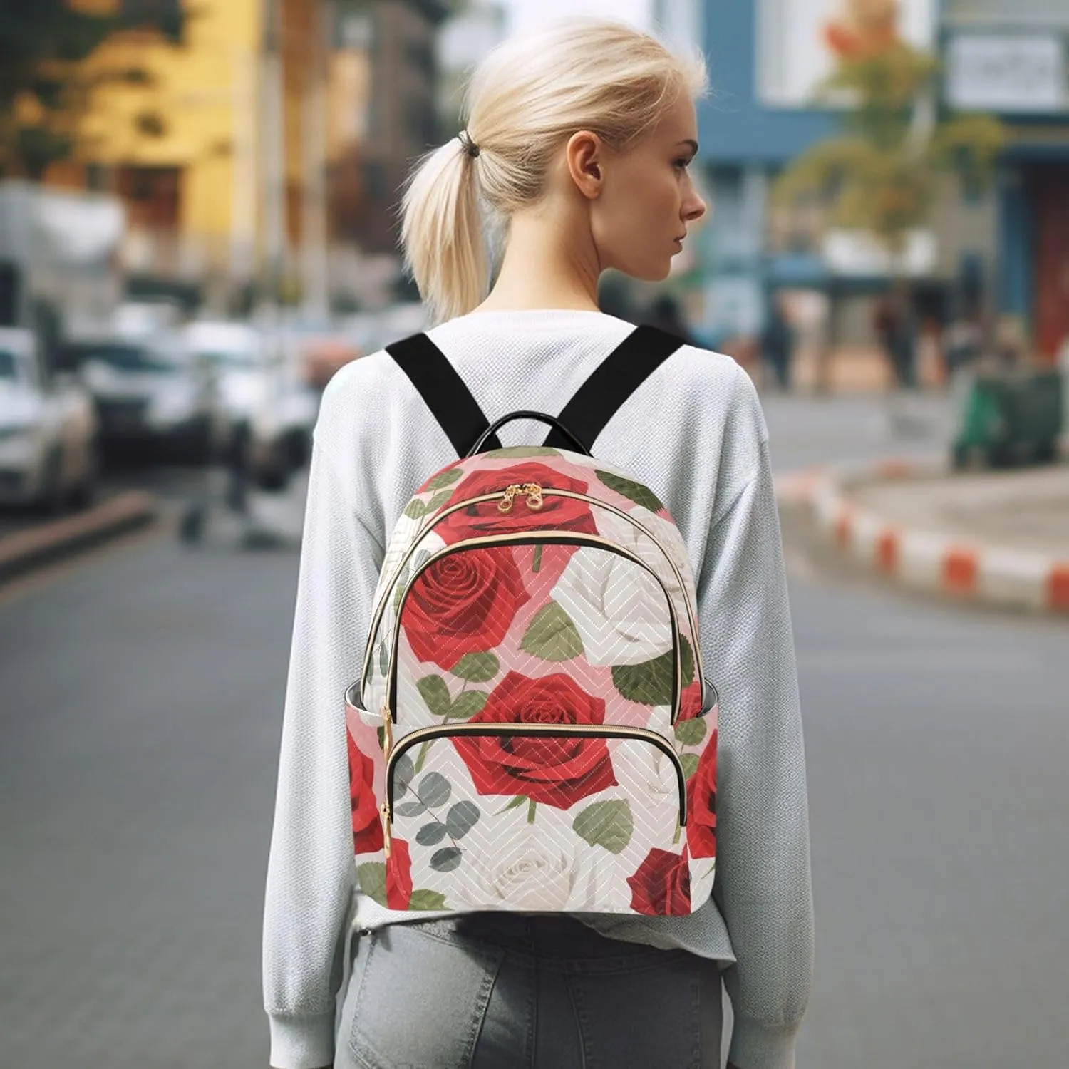 Mini Backpack Quilted Purse for Womens Small Backpack Daypack Rose Print for Travel Daily Work,Multi10