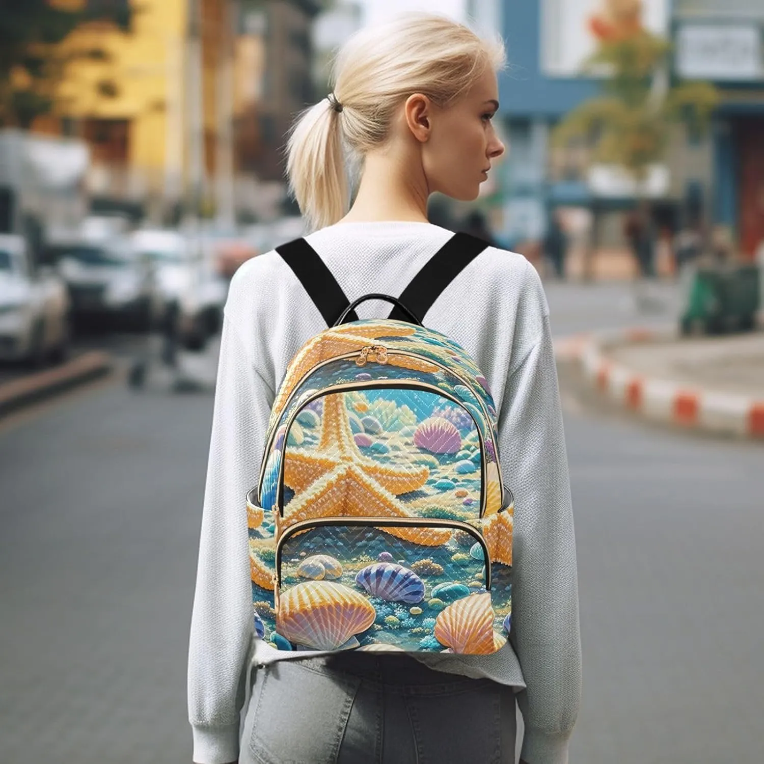 Mini Backpack Quilted Purse for Womens Small Backpack Daypack Starfish Design for Travel Daily Camping,Multi1