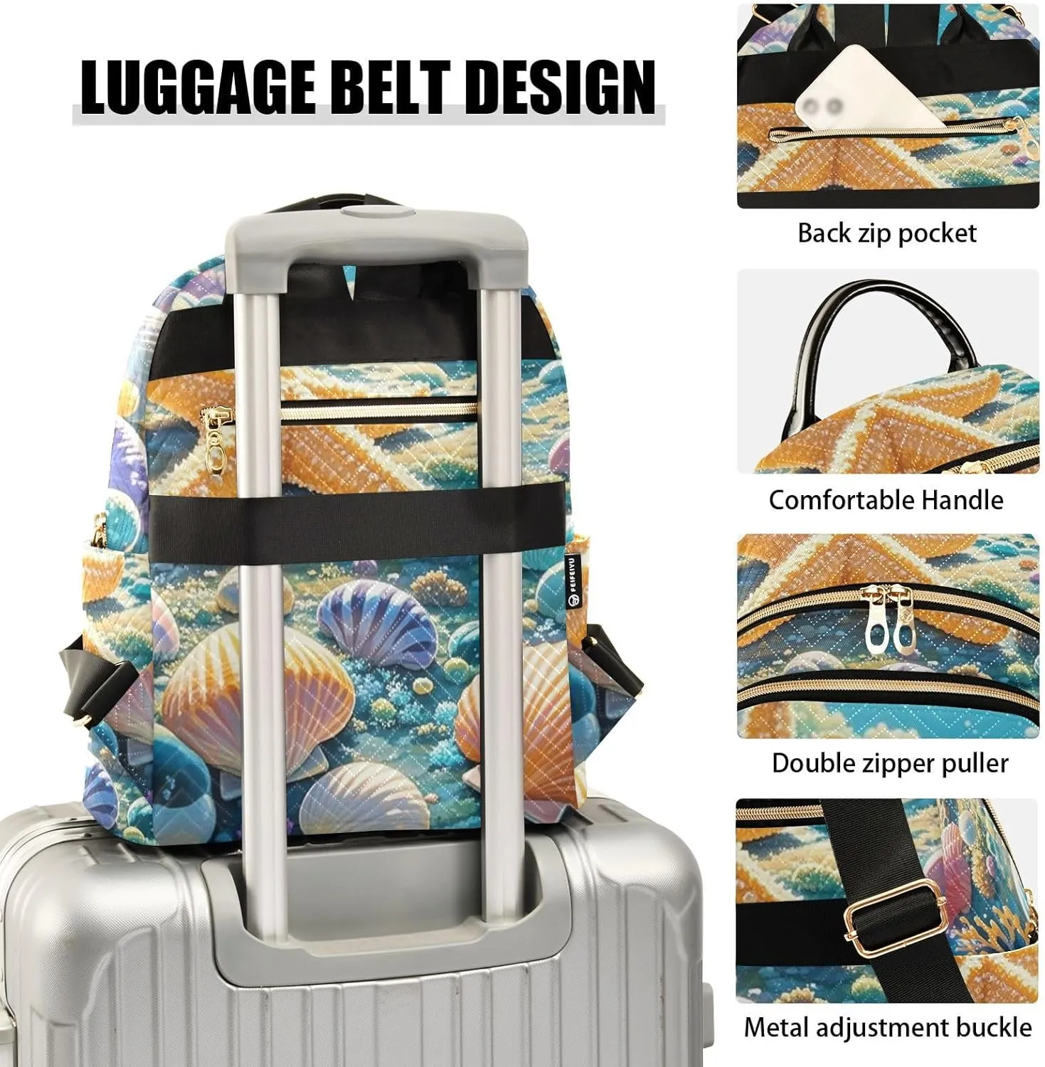 Mini Backpack Quilted Purse for Womens Small Backpack Daypack Starfish Design for Travel Daily Camping,Multi1