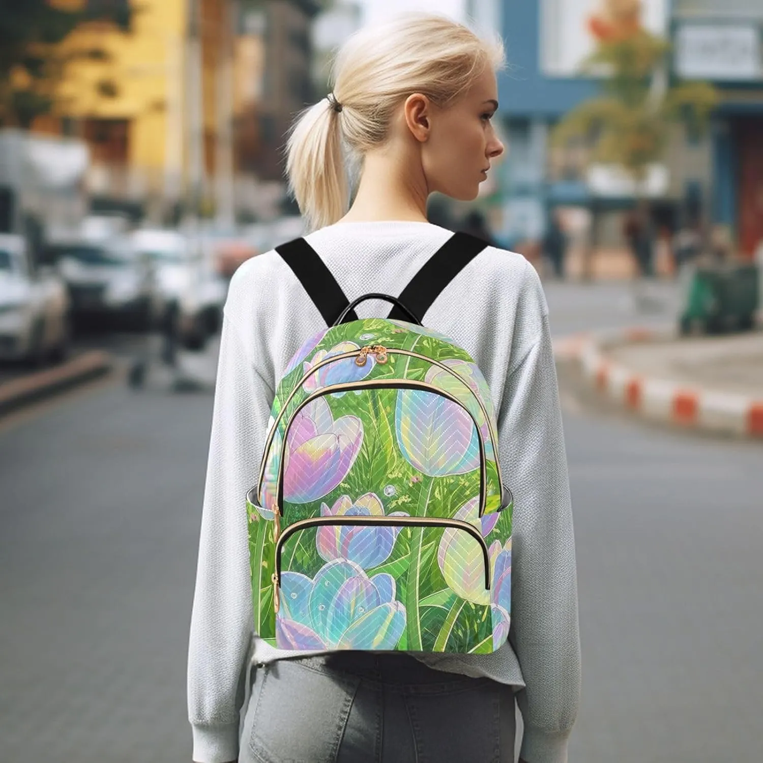 Mini Backpack Quilted Purse for Womens Small Backpack Daypack Tulips Design for Travel Daily Work,Multi2