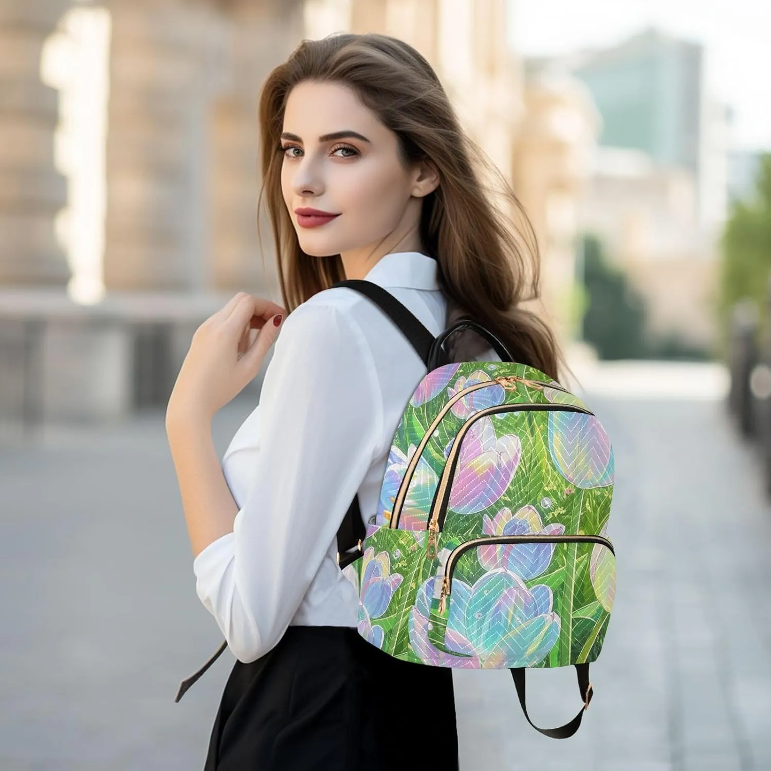 Mini Backpack Quilted Purse for Womens Small Backpack Daypack Tulips Design for Travel Daily Work,Multi2