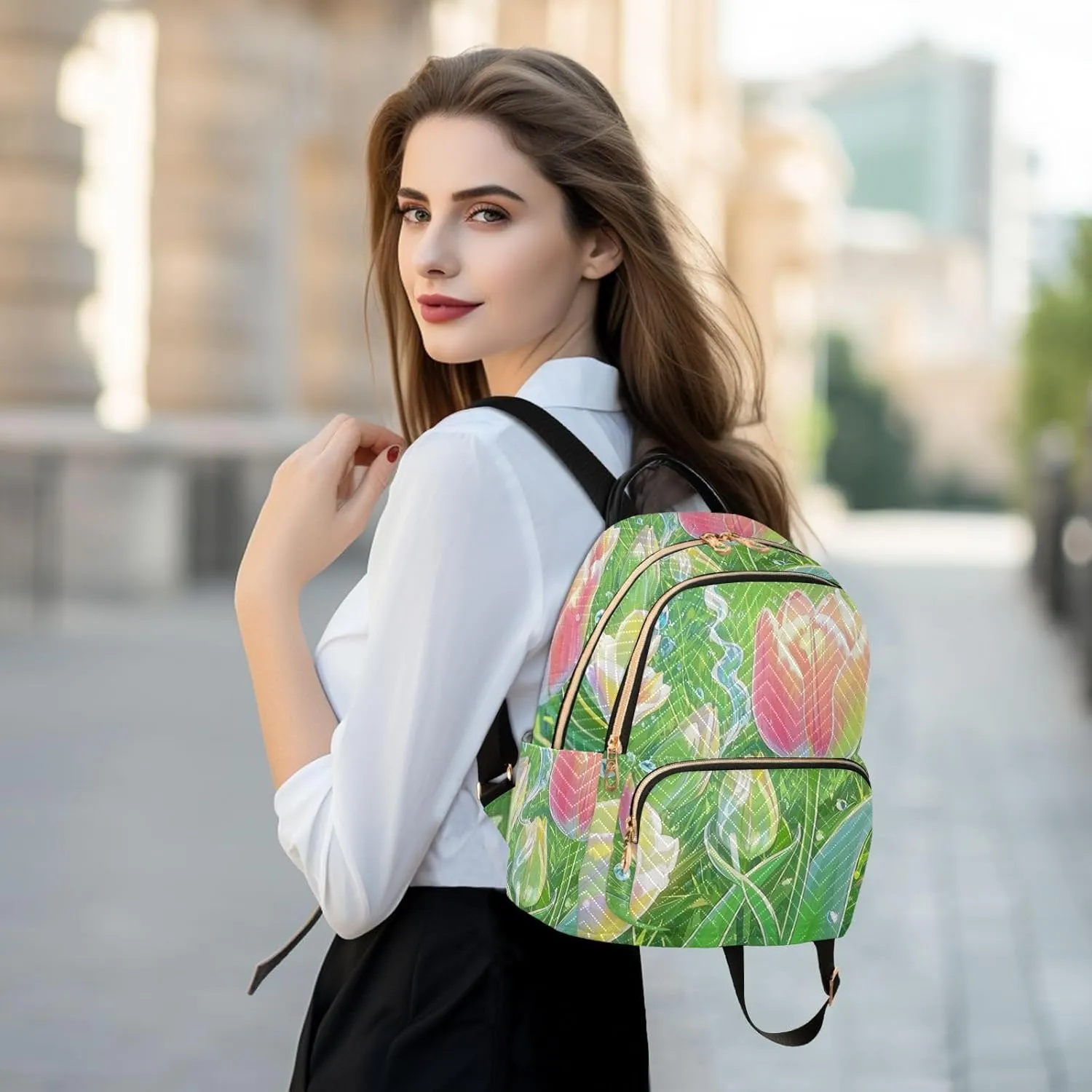 Mini Backpack Quilted Purse for Womens Small Backpack Daypack Tulips Pattern for Travel Daily Office,Multi10