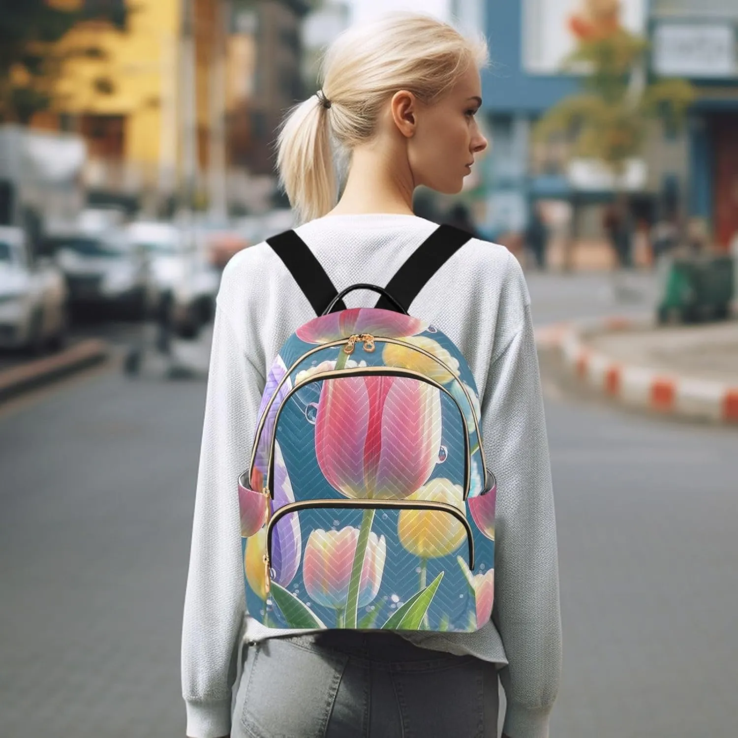 Mini Backpack Quilted Purse for Womens Small Backpack Daypack Tulips Pattern for Travel Daily Office,Multi11