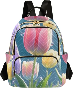 Mini Backpack Quilted Purse for Womens Small Backpack Daypack Tulips Pattern for Travel Daily Office,Multi11