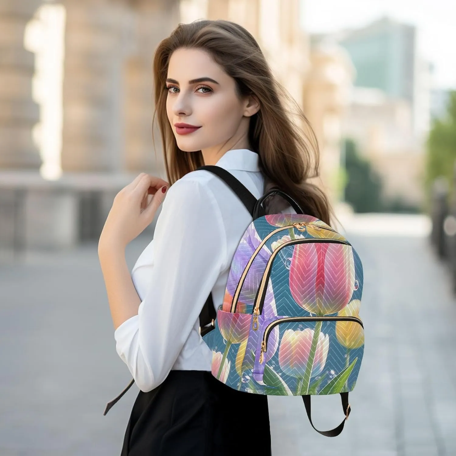 Mini Backpack Quilted Purse for Womens Small Backpack Daypack Tulips Pattern for Travel Daily Office,Multi11
