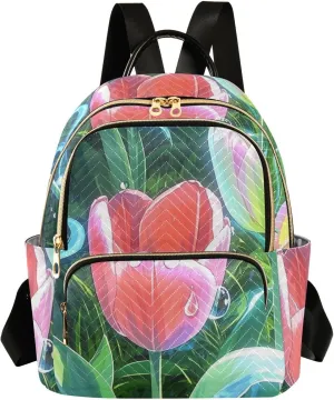 Mini Backpack Quilted Purse for Womens Small Backpack Daypack Tulips Pattern for Travel Daily Office,Multi1