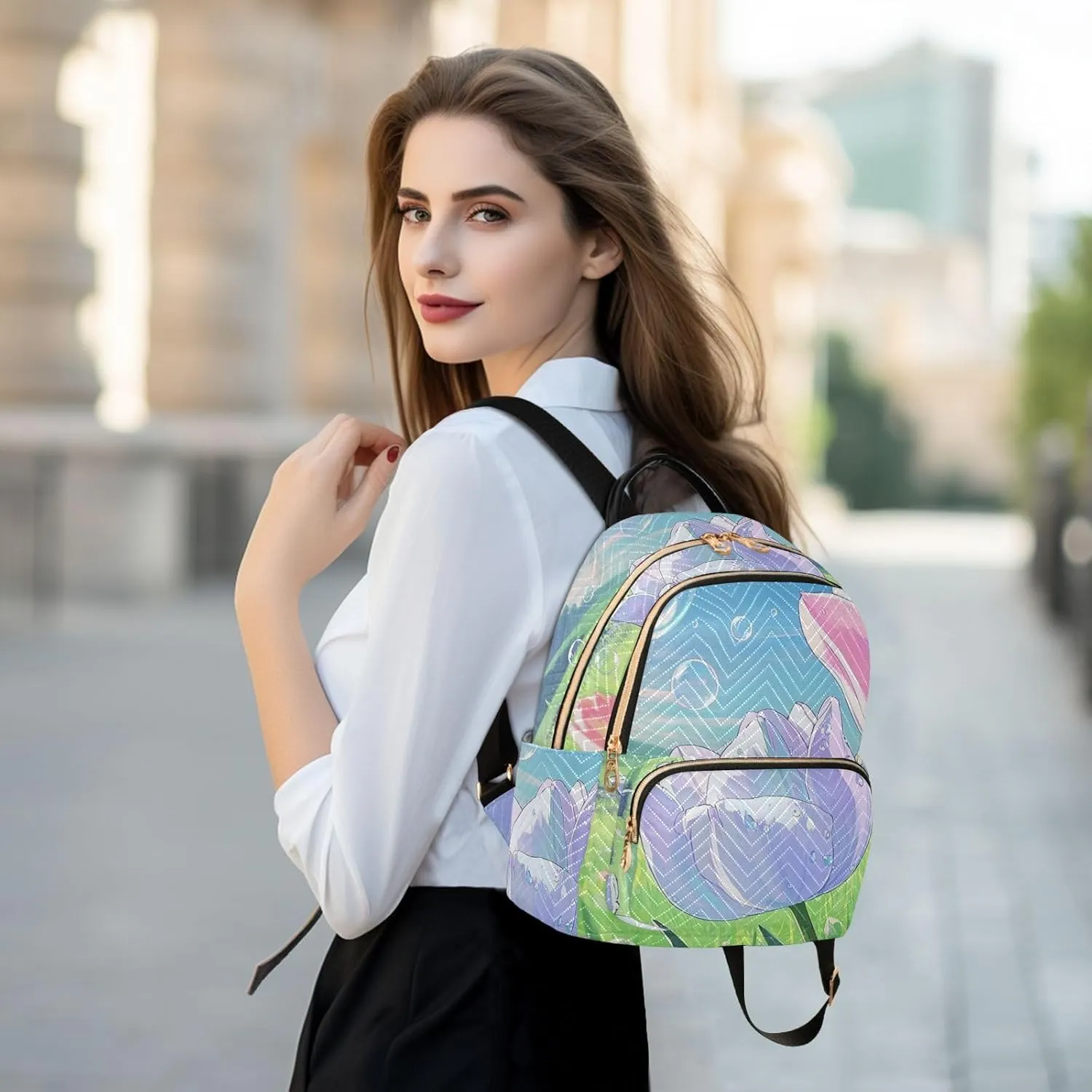 Mini Backpack Quilted Purse for Womens Small Backpack Daypack Tulips Pattern for Travel Daily Work,Multi12