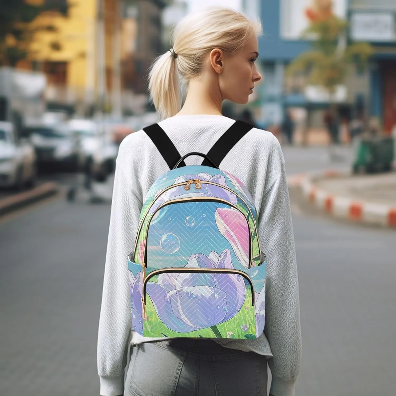 Mini Backpack Quilted Purse for Womens Small Backpack Daypack Tulips Pattern for Travel Daily Work,Multi12