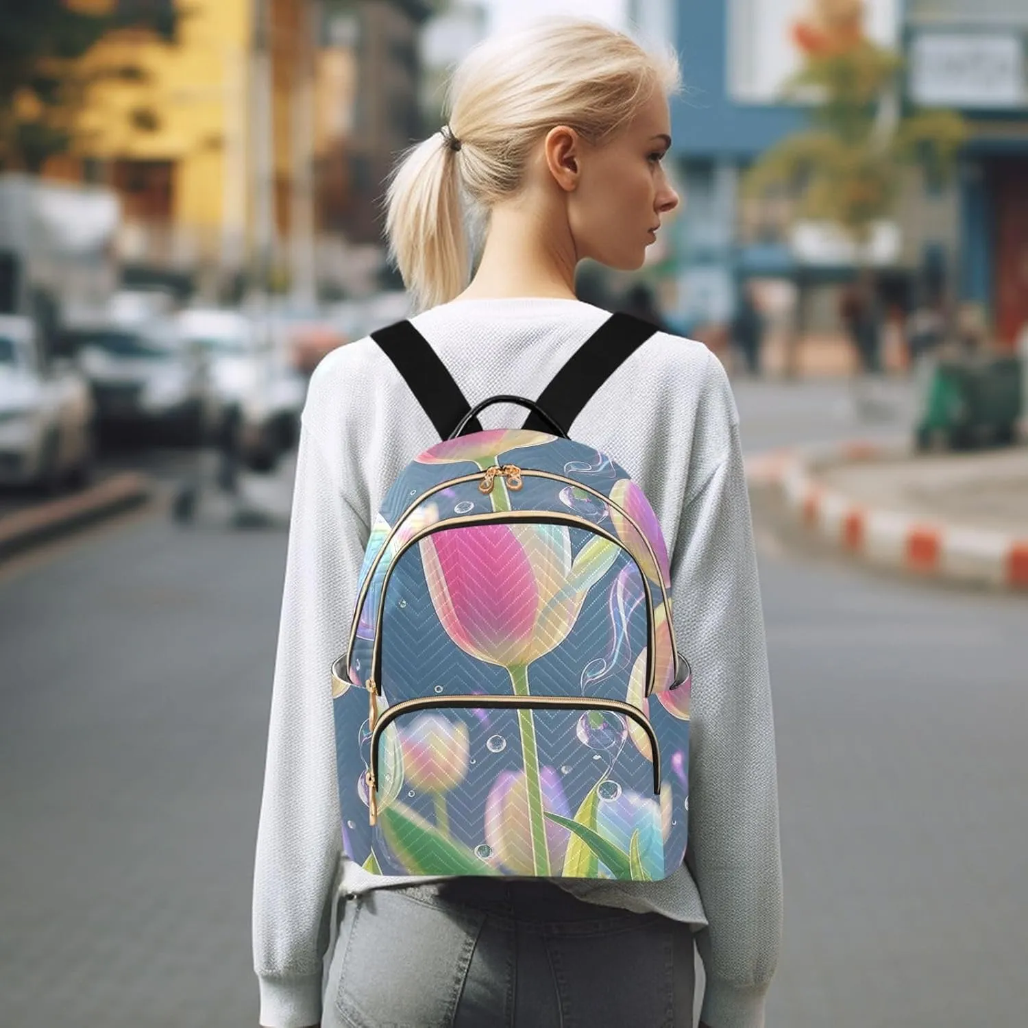 Mini Backpack Quilted Purse for Womens Small Backpack Daypack Tulips Print for Travel Daily Office,Multi1