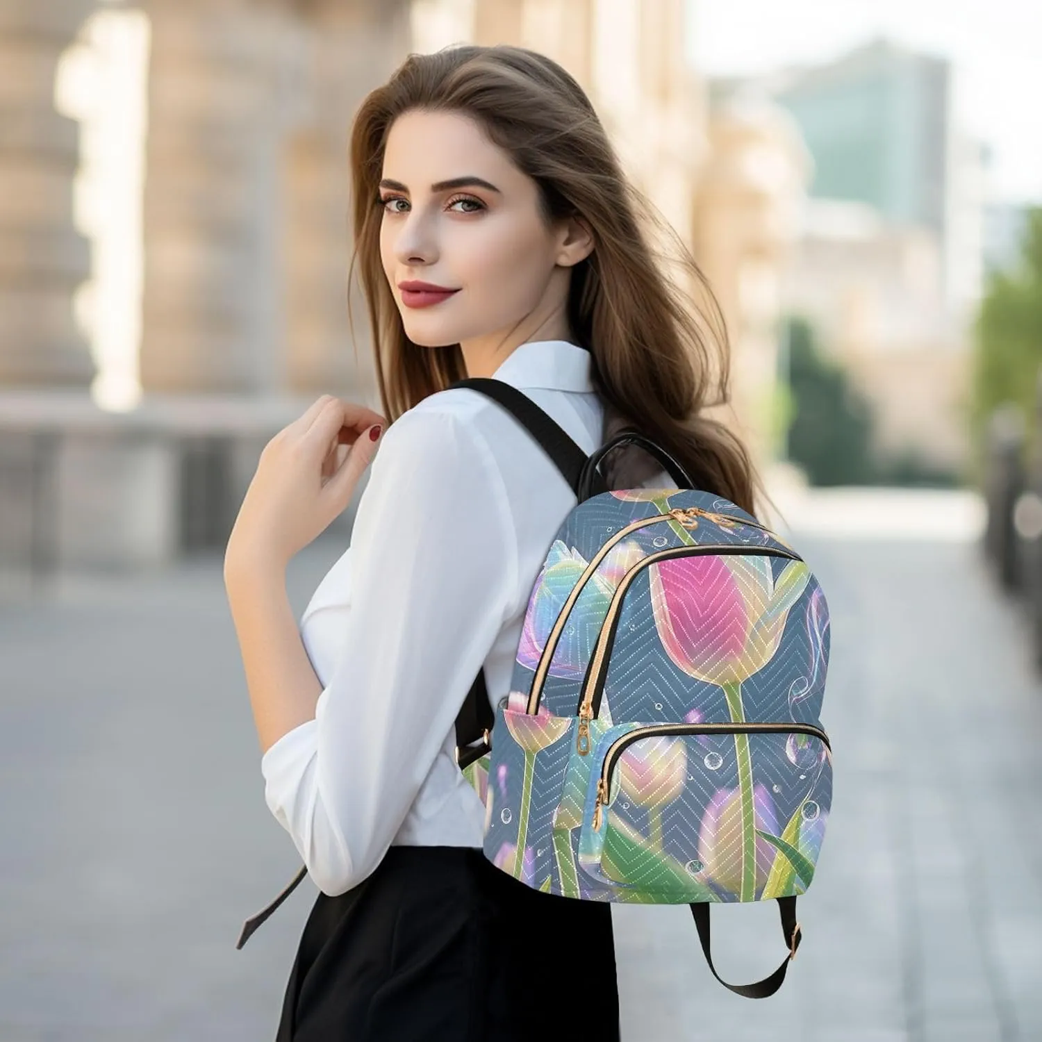 Mini Backpack Quilted Purse for Womens Small Backpack Daypack Tulips Print for Travel Daily Office,Multi1