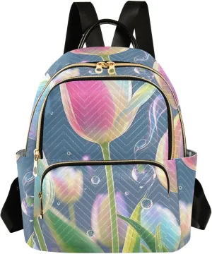 Mini Backpack Quilted Purse for Womens Small Backpack Daypack Tulips Print for Travel Daily Office,Multi1