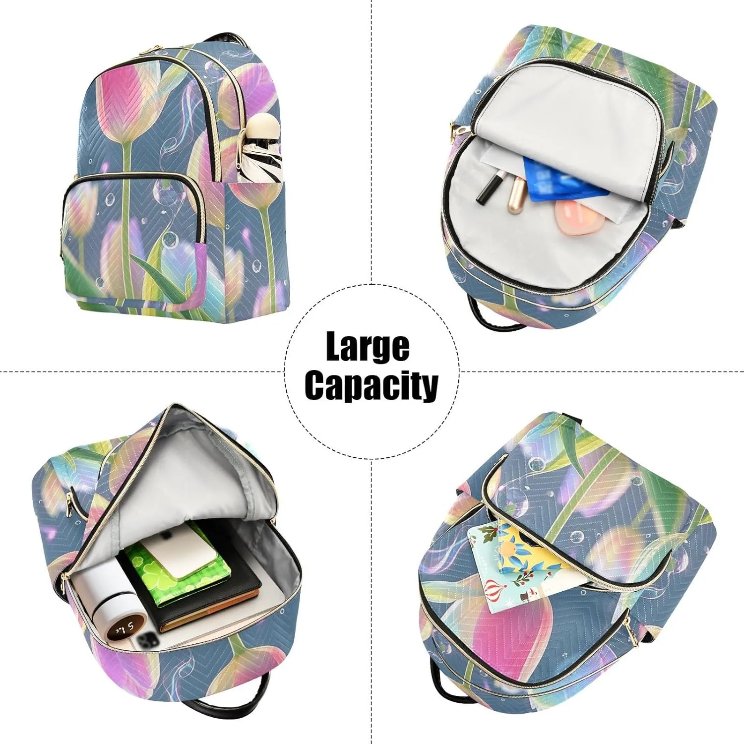 Mini Backpack Quilted Purse for Womens Small Backpack Daypack Tulips Print for Travel Daily Office,Multi1
