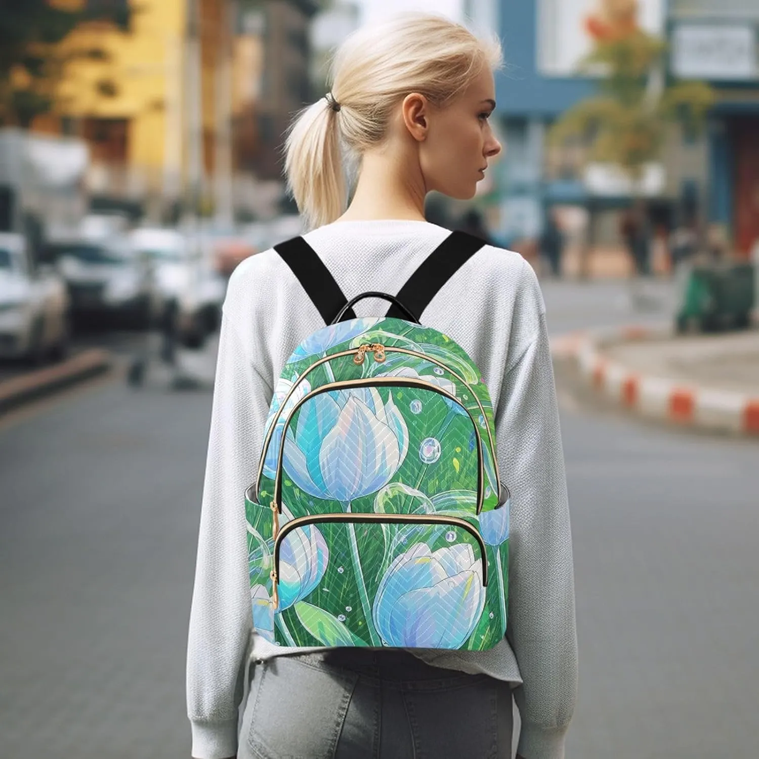 Mini Backpack Quilted Purse for Womens Small Backpack Daypack Tulips Print for Travel Daily Office,Multi3