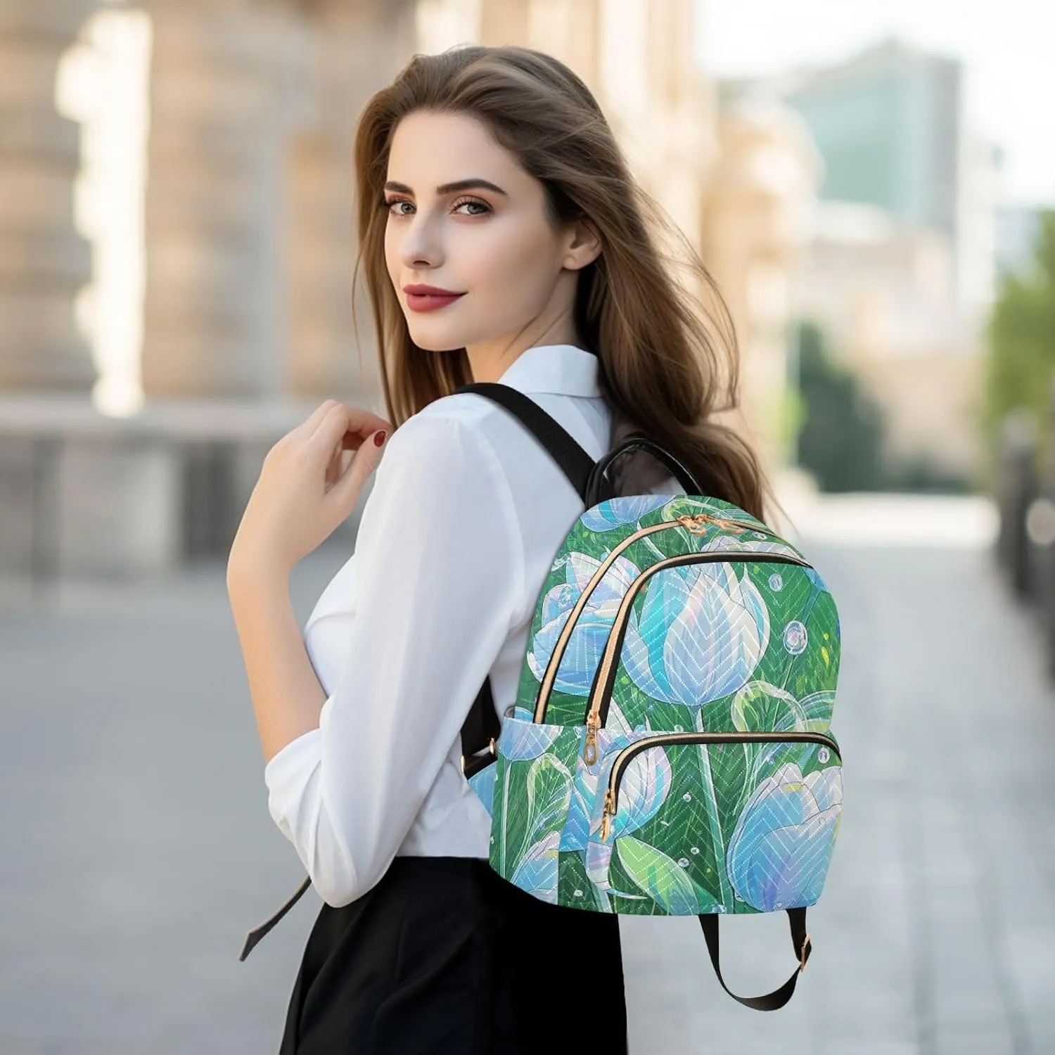Mini Backpack Quilted Purse for Womens Small Backpack Daypack Tulips Print for Travel Daily Office,Multi3