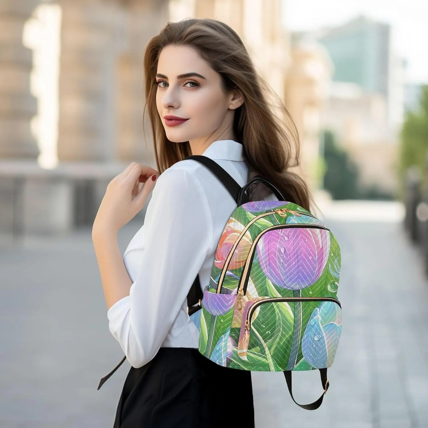 Mini Backpack Quilted Purse for Womens Small Backpack Daypack Tulips Print for Travel Daily Work,Multi10