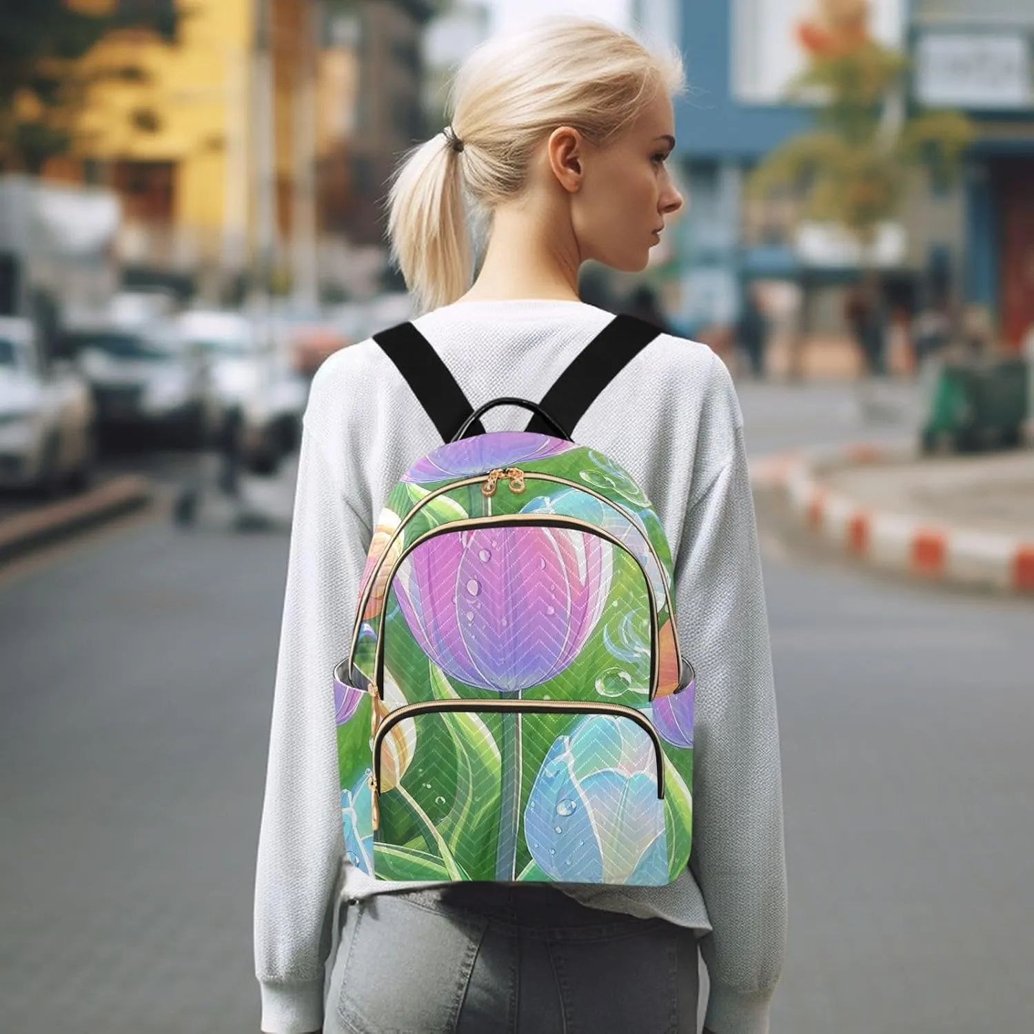 Mini Backpack Quilted Purse for Womens Small Backpack Daypack Tulips Print for Travel Daily Work,Multi10