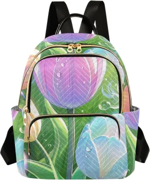 Mini Backpack Quilted Purse for Womens Small Backpack Daypack Tulips Print for Travel Daily Work,Multi10