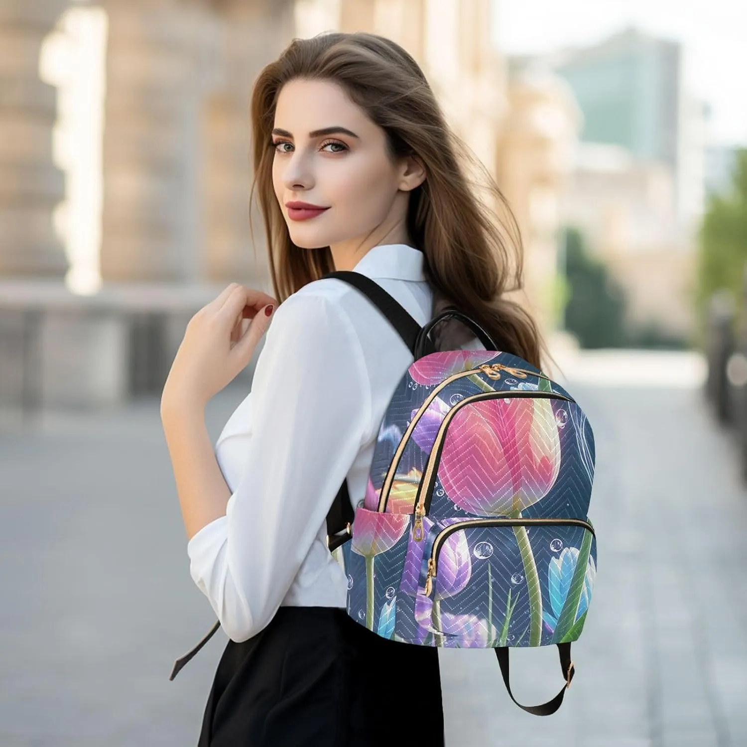 Mini Backpack Quilted Purse for Womens Small Backpack Daypack Tulips Print for Travel Daily Work,Multi2