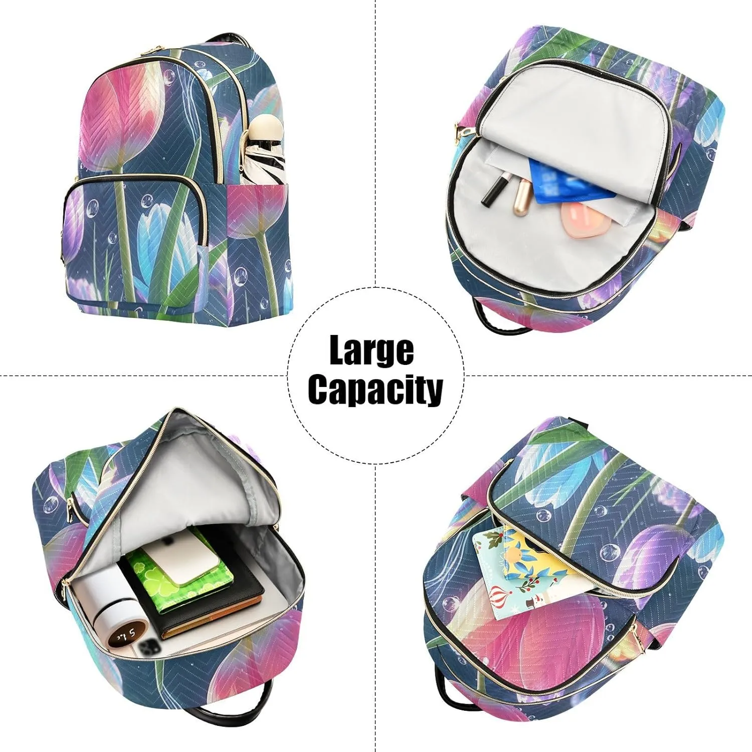 Mini Backpack Quilted Purse for Womens Small Backpack Daypack Tulips Print for Travel Daily Work,Multi2