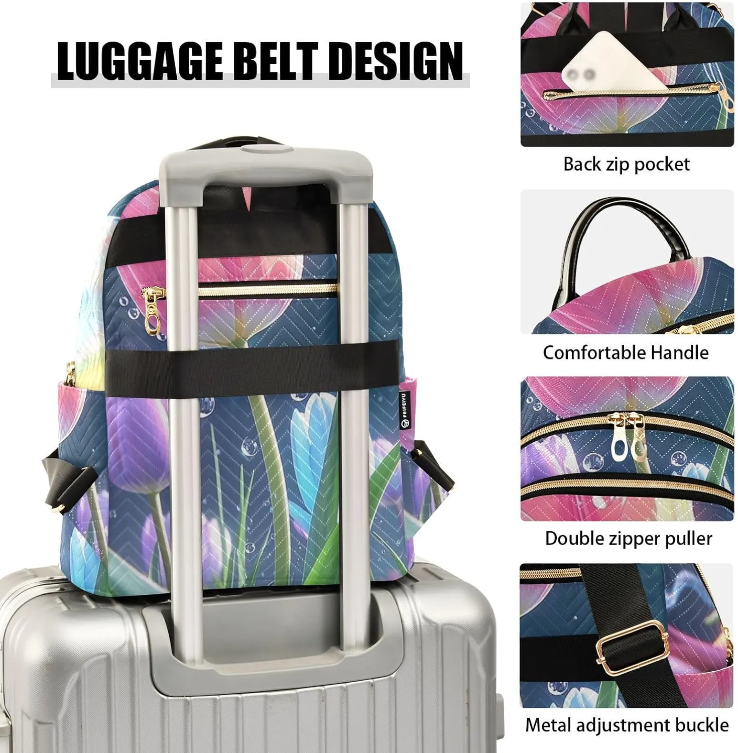 Mini Backpack Quilted Purse for Womens Small Backpack Daypack Tulips Print for Travel Daily Work,Multi2