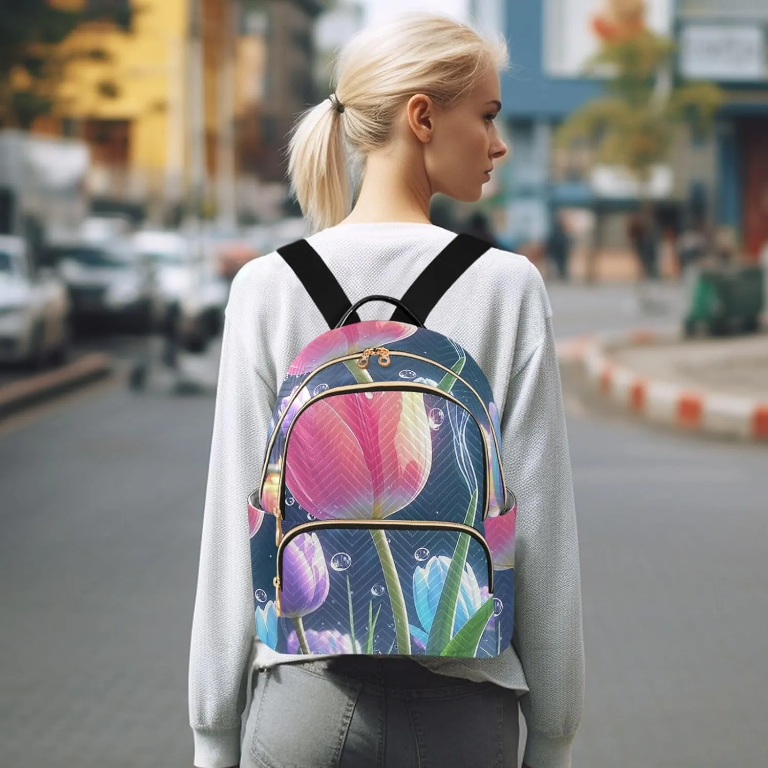 Mini Backpack Quilted Purse for Womens Small Backpack Daypack Tulips Print for Travel Daily Work,Multi2