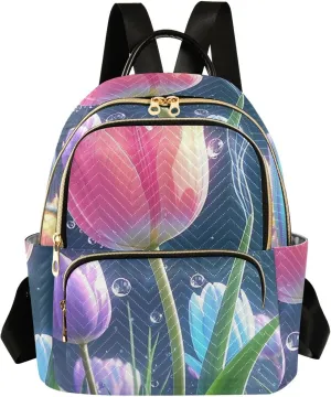 Mini Backpack Quilted Purse for Womens Small Backpack Daypack Tulips Print for Travel Daily Work,Multi2