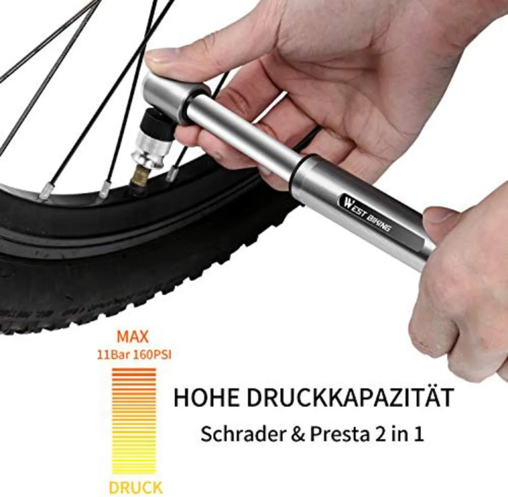 Mini Bike Pump Fits Presta Schrader 160 PSI Includes Mount Kit Compact Light Bicycle Tire Pump for Road,Mountain and BMX Bikes