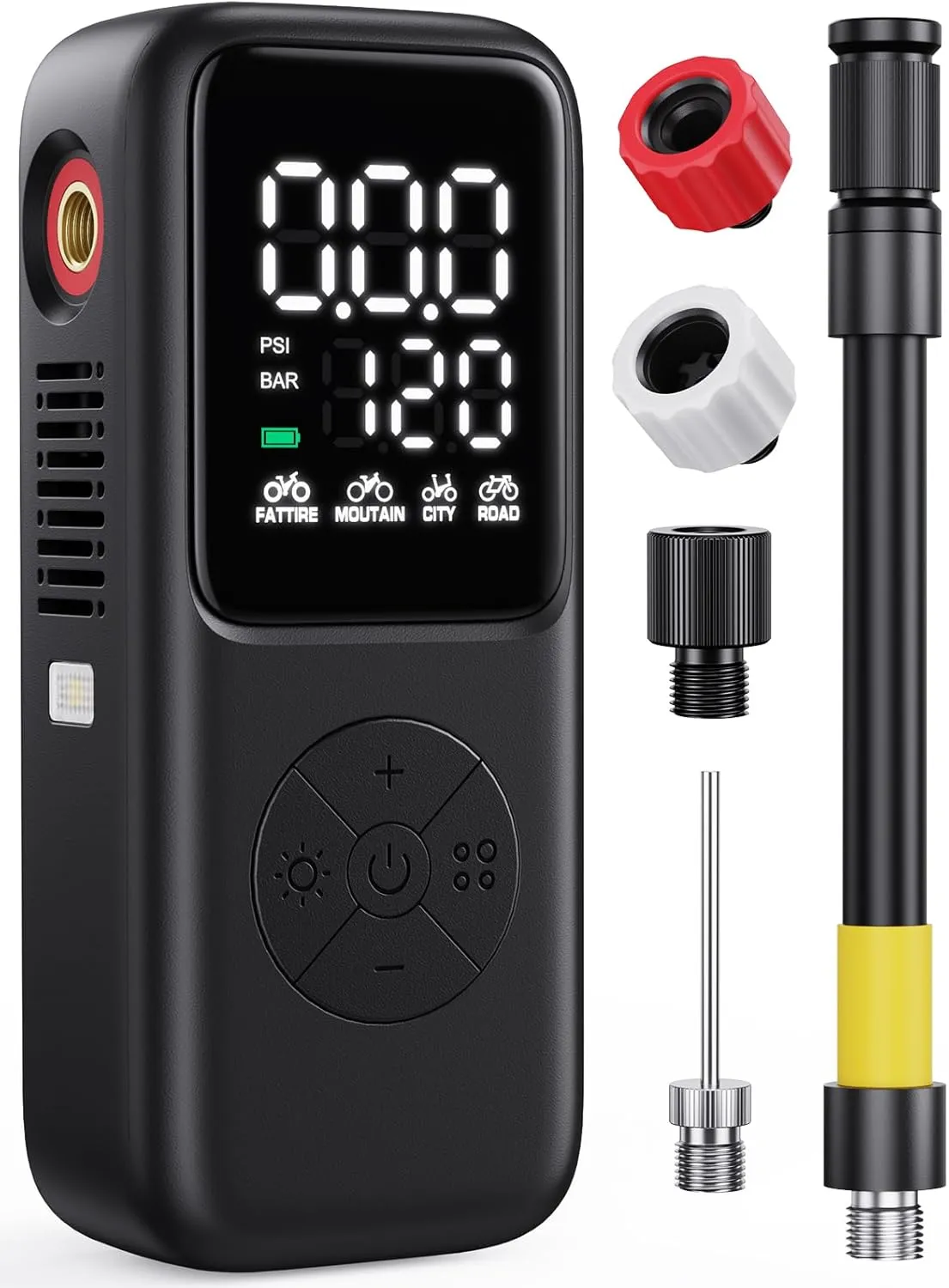 Mini Bike Tire Pump with Guage,120 PSI Portable Auto Stop Electric Bicycle Pump with Presta and Schrader, Valve for Road Bicycle, Mountain Bike, Motorcycle, E-Bike,Sports Ball