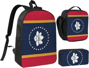 Mississippi State Flag print 3 Piece Backpack Bags with Lunch Box Pencil Case Set for Travel Work Camping Unisex